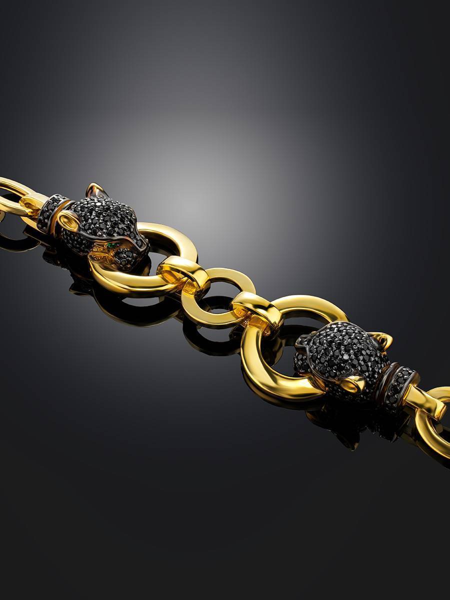 Браслеты :: Золотые браслеты :: Массивный браслет на золотой цепи сукрашением в форме пантеры